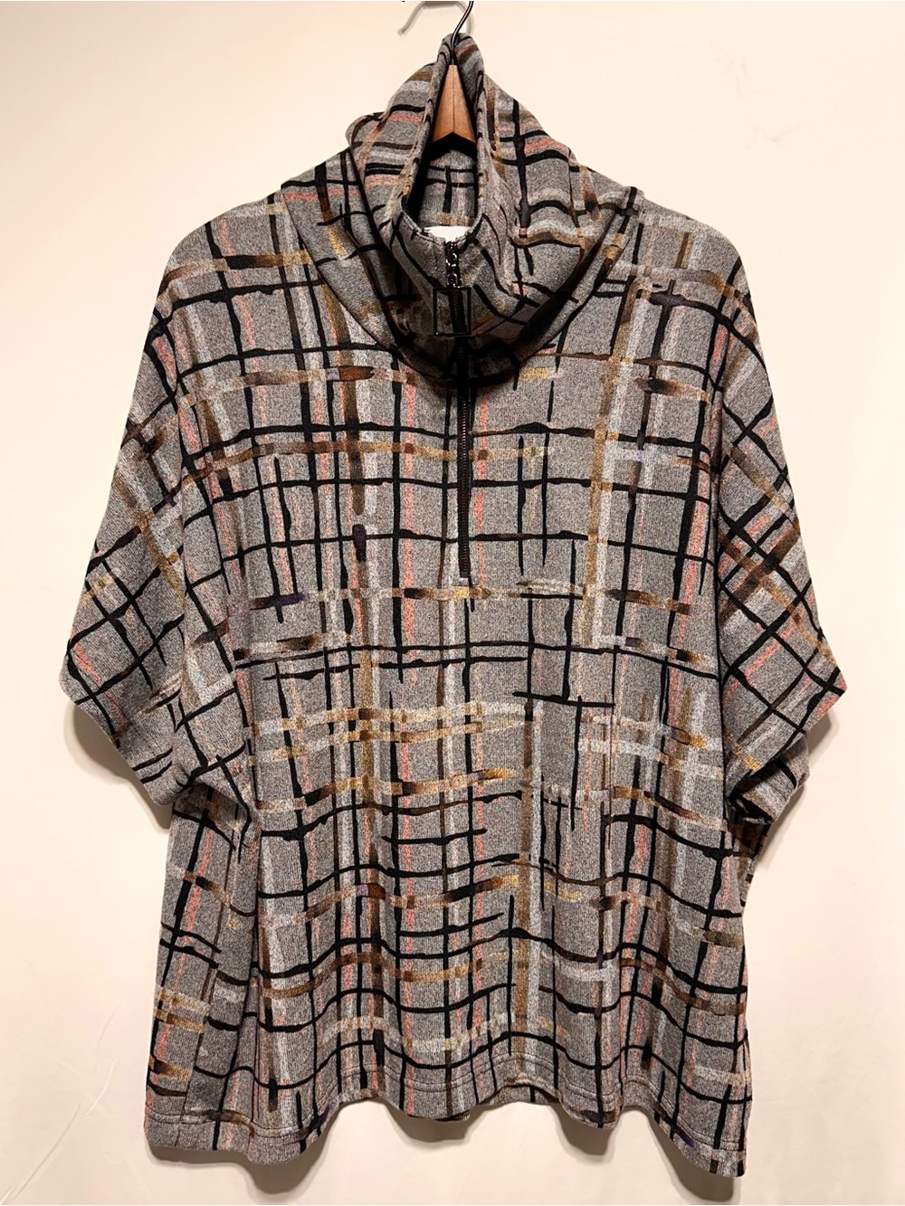 Joseph Ribkoff Grey Abstract Plaid Oversized Poncho Top Cowl Neck Zip M